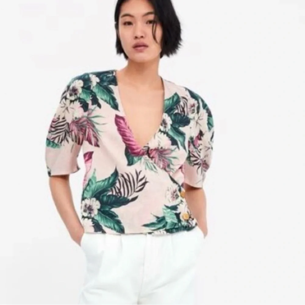Zara Pink Linen Blend Wrap Blouse - Picture 8 of 11
